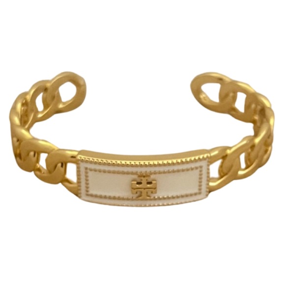 TORY BURCH • White Milgrain Logo Cuff Bracelet - Picture 5 of 7
